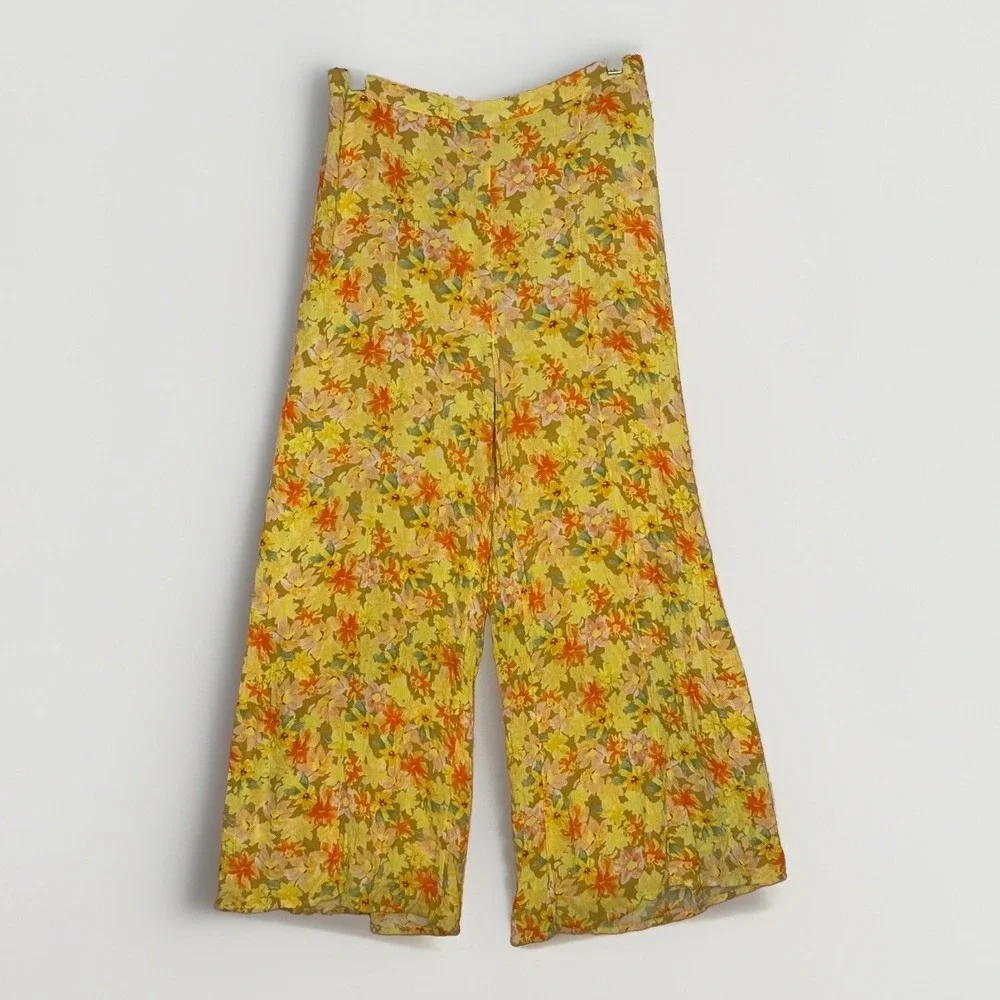 Rip Curl Yellow Floral Gauzy Palazzo Pants Womens L Wide Leg Boho Beach 30x25